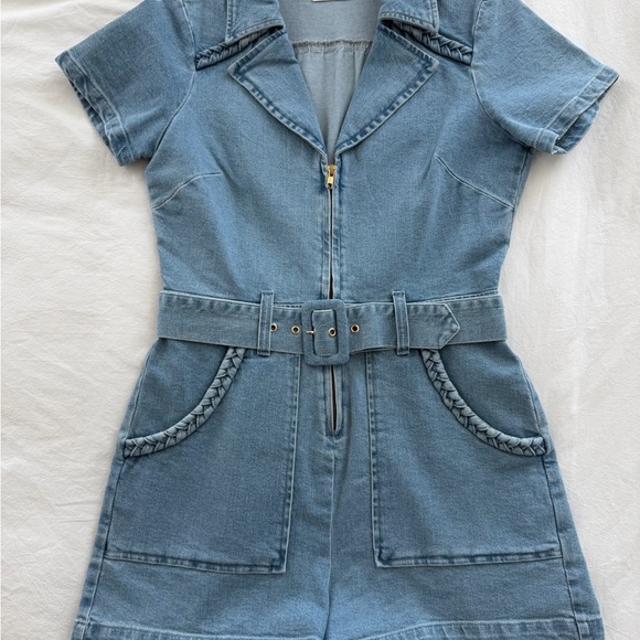 Show Me Your MuMu Pants - Show Me Your MuMu Light Blue Denim Romper with Belt